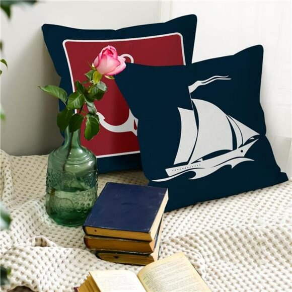 Navy Blue Nautical Anchor Pillow Covers 18x18 Set of 4 Ocean Coastal Boat Decor - Picture 5 of 8